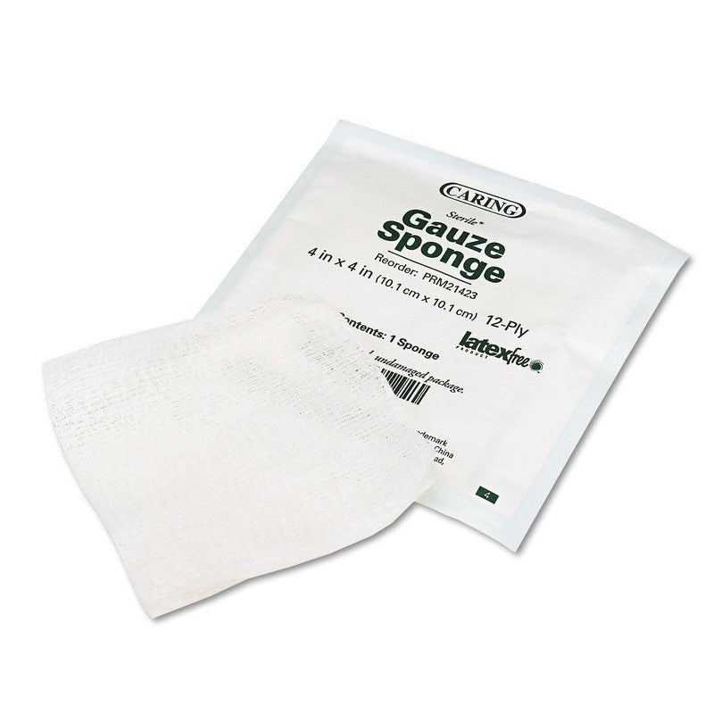 Medline Caring Woven Sterile Gauze Sponge PRM21423, 4" x 4", 12 ply
