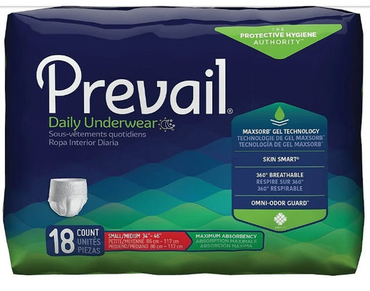 PREVAL MAX ABSORBANCY UNDERWEAR SM/MD PK/18 WAIST SIZE 34"-46" PVS-512