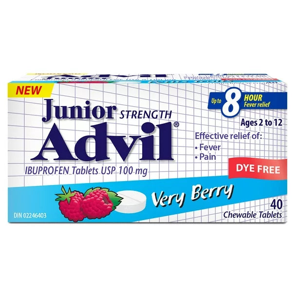 Advil Jr  Chewable, 100mg, Very Berry Dye Free, 40 Tablets