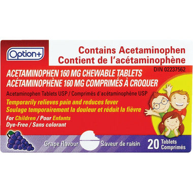 Option+ Children's Chewable Acetaminophen, Grape, 160mg, 20 Tablets