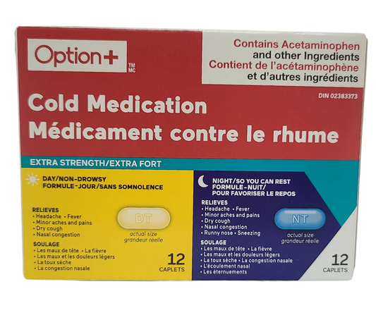 Option+ Cold, Day & Night Extra Strength, 500MG, 12+12 Caplets