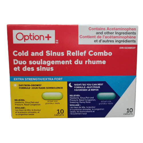 Option+ Cold & Sinus Complete, Day & Night Extra Strength, 500mg, 10+10 Caplets