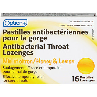 Option+ Honey & Lemon Antibacterial Lozenges, 16 Lozenges