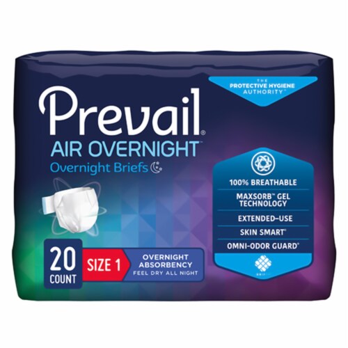 Prevail Air Overnight Briefs Size 1 26"-48" 20/pack