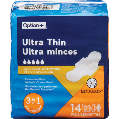 Option+ Pads Ultra Thin Overnight with wings 14/pk